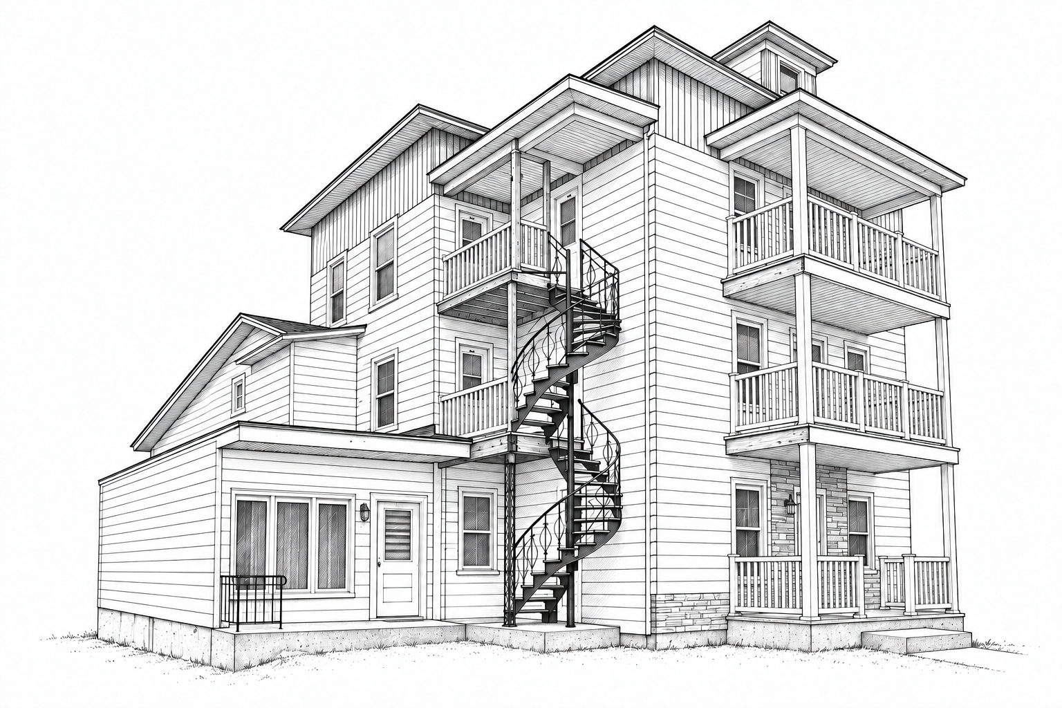 Illustration architecturale de l’immeuble résidentiel de Thetford Mines, avec balcons superposés et escalier extérieur.